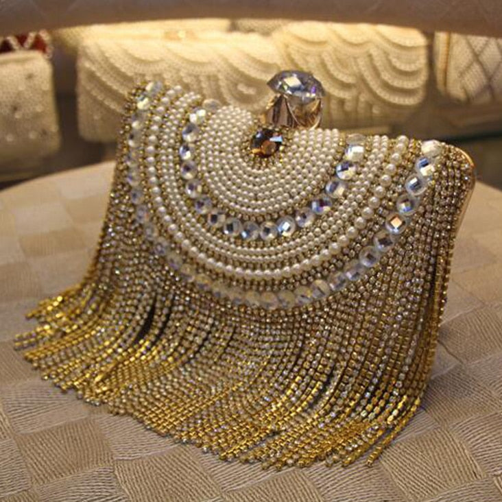 Rhinestones Tassel Clutch | Diamonds Beaded Metal Chain Shoulder Clutch