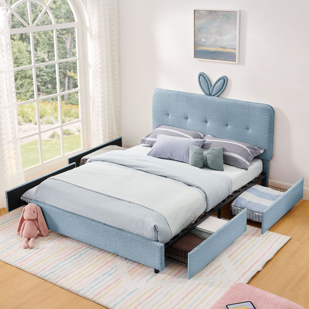 Upholstered Storage Bed with Oversized Rabbit Ear Headboard & LED Lights - Beige or Light Blue