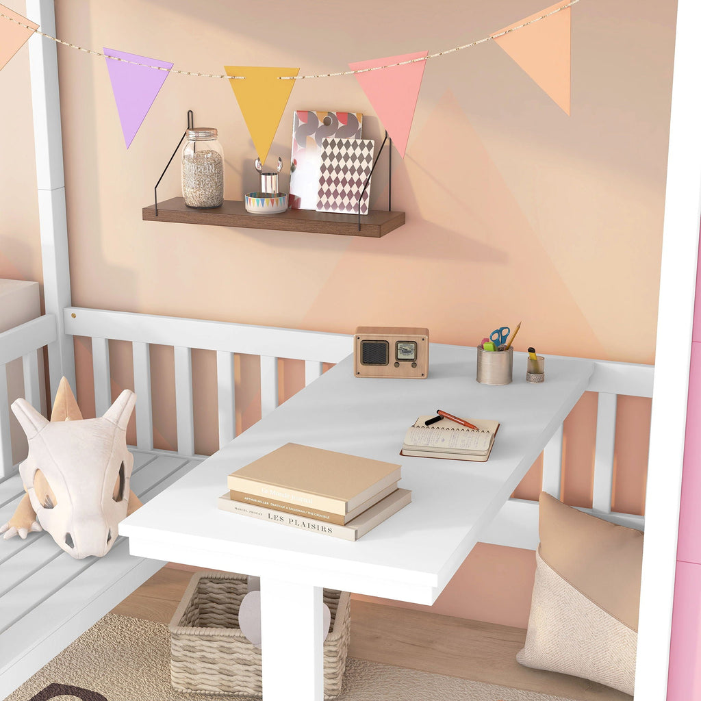 Twin Over Twin Bunk Bed with Convertible Desk - Pink or White