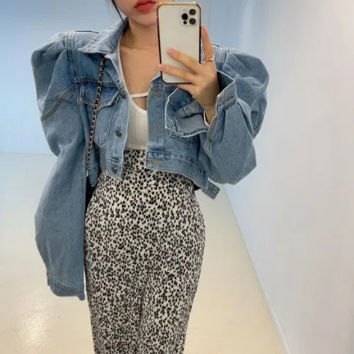 Spring Cardigan Lapel Bubble Sleeve Long Sleeved Single Breasted High Waist Short Denim Coat Women Retro Jean Jacket Shirts