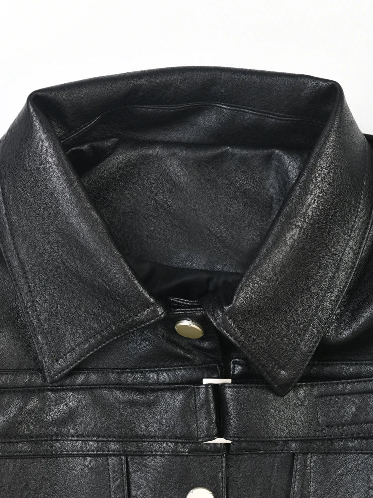 Loose Fit Black Pu Leather Big Size Short Jacket New Lapel Long Sleeve Women Coat Fashion Tide Spring Autumn