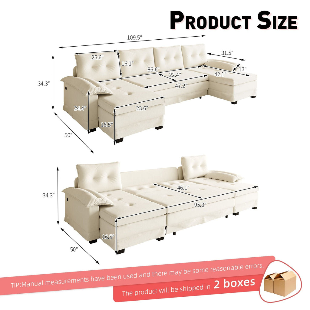 U-Shaped Sleeper Sectional with Pull Out Bed and USB Ports - Fabric