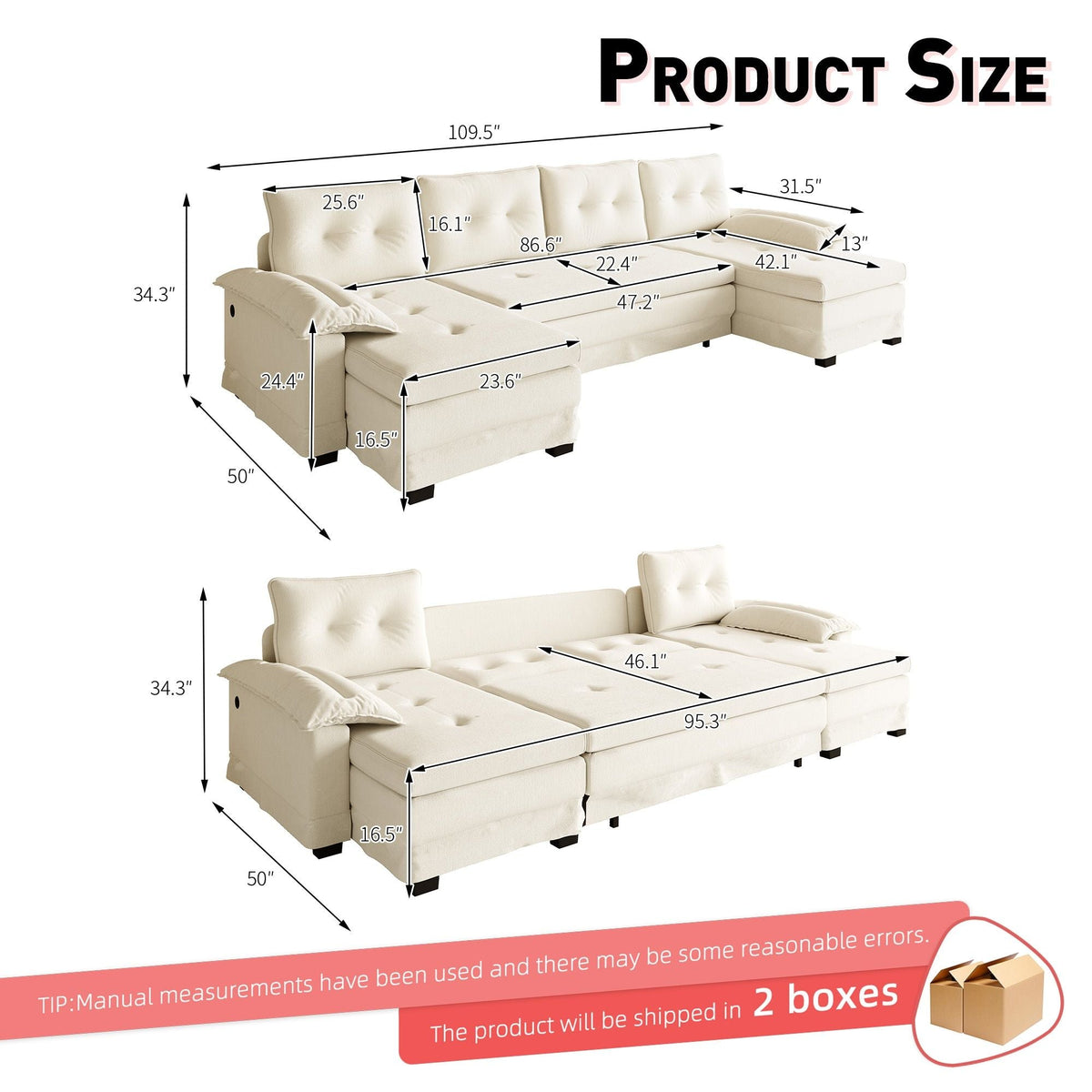U-Shaped Sleeper Sectional with Pull Out Bed and USB Ports - Fabric
