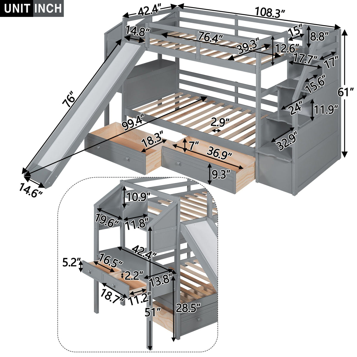 Bunk Bed with Storage Staircase, Slide & Desk - Twin or Full - Dark Gray or White