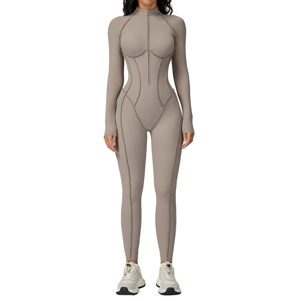 Colorblock Half-Zip Fitness Jumpsuit