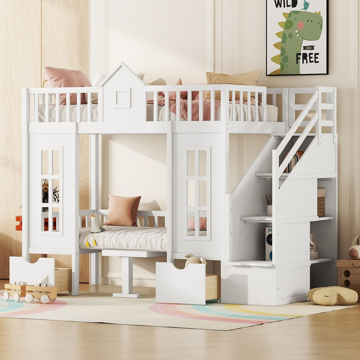 Twin Over Twin Bunk Bed with Convertible Desk - Pink or White