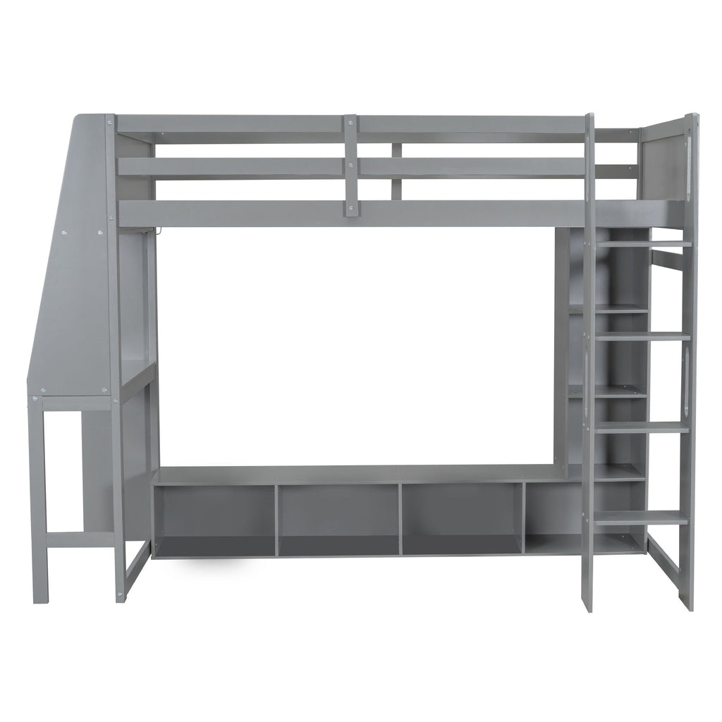 Gaming Loft Bed with Desk and Storage Shelves – LED Lighting – Black or Dark Gray