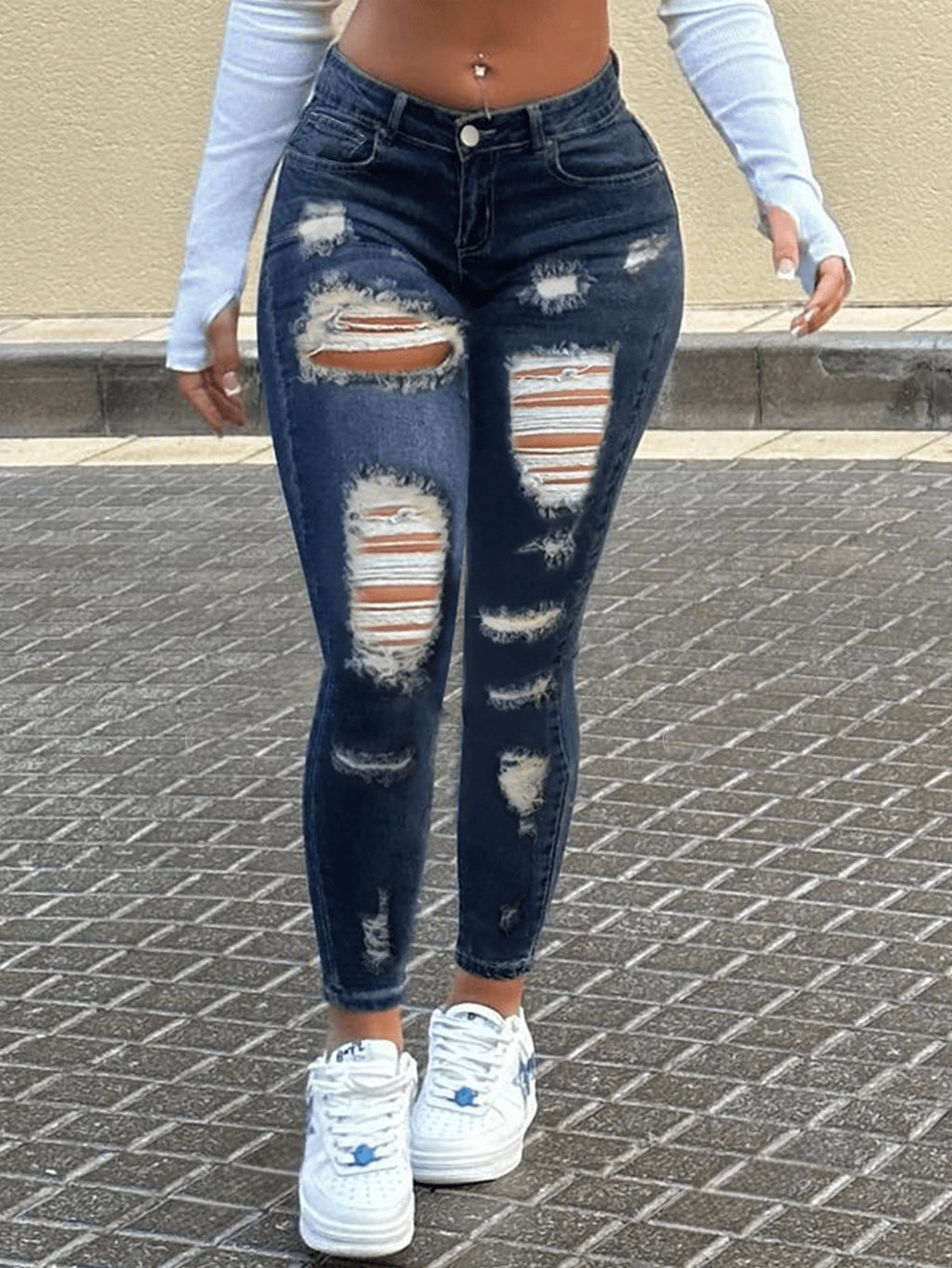 Fitted Stretch Mid-Waist Ripped Skinny Washed Denim Jeans for Women