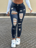 Fitted Stretch Mid-Waist Ripped Skinny Washed Denim Jeans for Women
