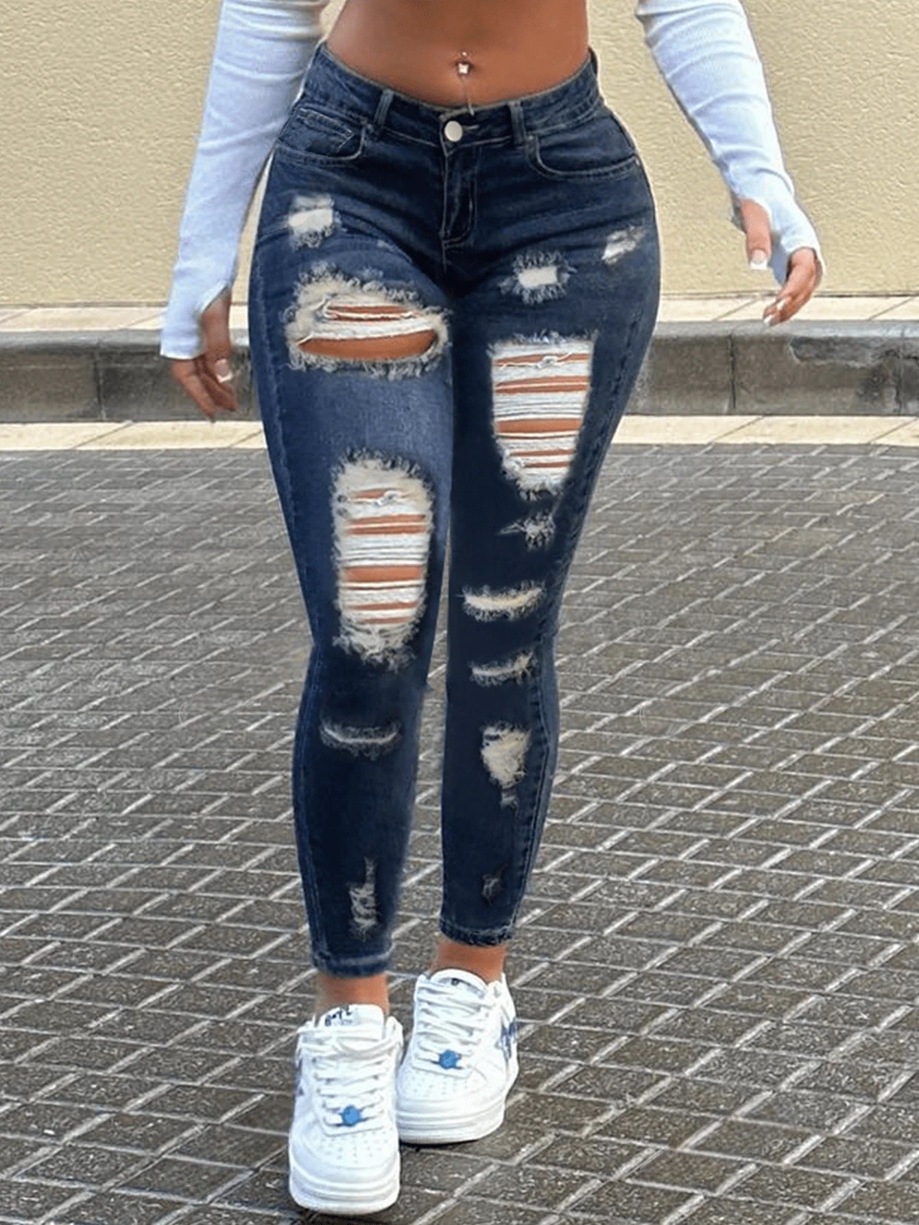 Fitted Stretch Mid-Waist Ripped Skinny Washed Denim Jeans for Women
