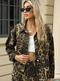 Pocketed Leopard Long Sleeve Denim Jacket for Women