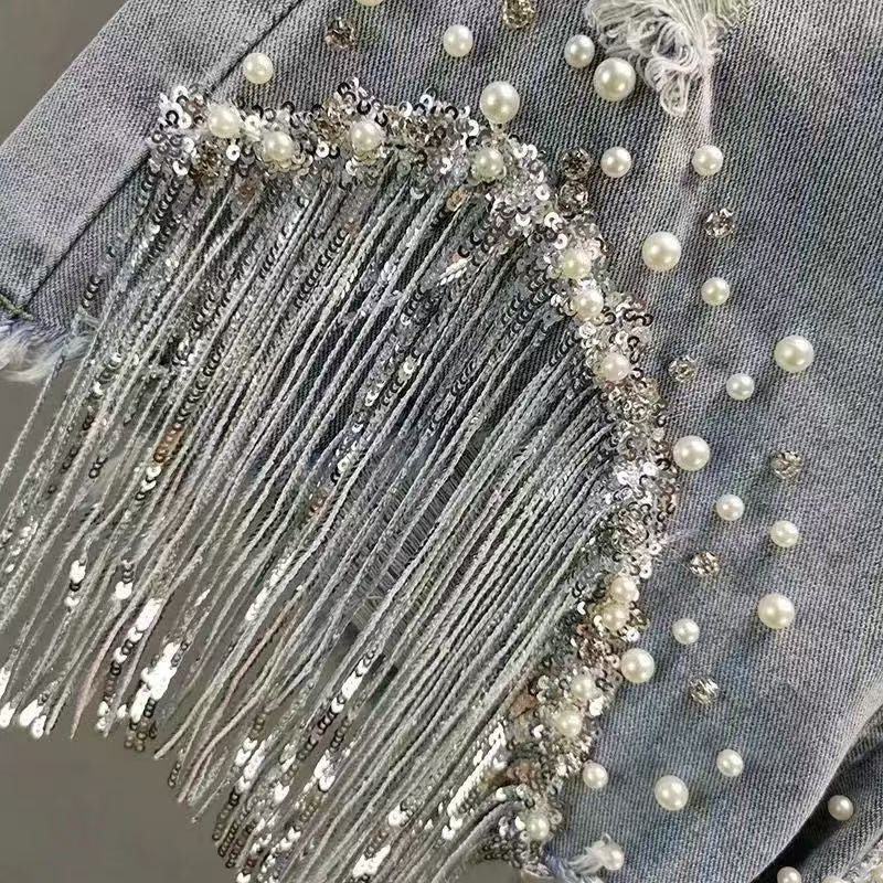 Heavy embellished rhinestone denim shorts for women, American style high-waisted slimming beaded fringe distressed jeans