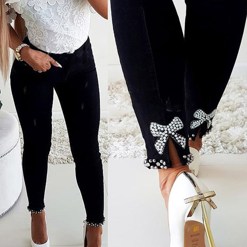 Slim Fit Butterfly Applique Beaded Split Skinny Pencil Jeans for Women, High Waist, Stretch Denim, Casual Fashion Pants