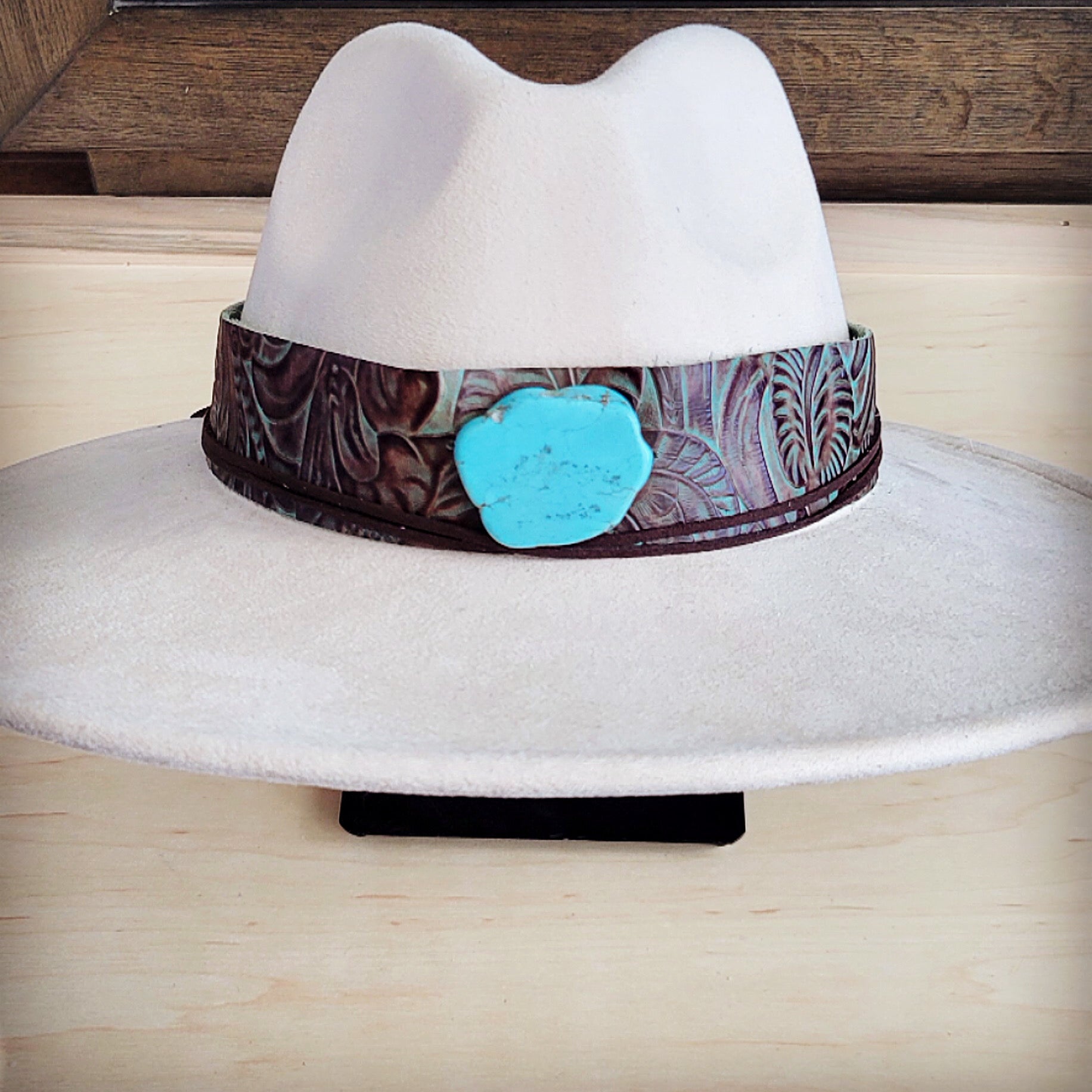 Wide Genuine Leather Brown Floral Hat Band w/ Turq 953q