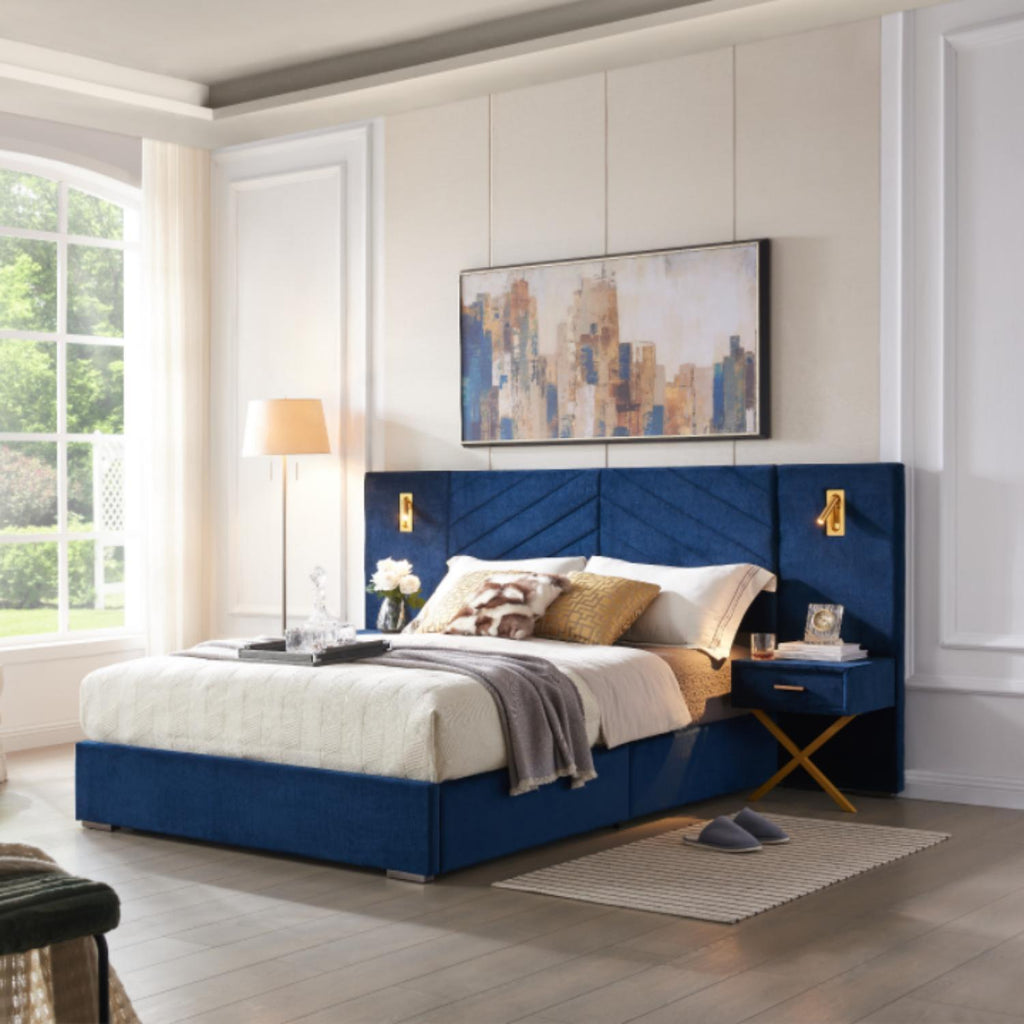 Upholstered Bed with Vertical Channel Tufted Wingback Headboard - Blue or Red
