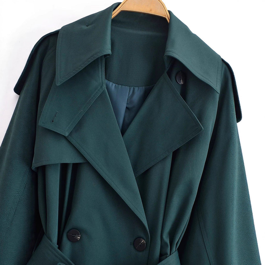 Collar long sleeved single breasted solid color trench coat for women