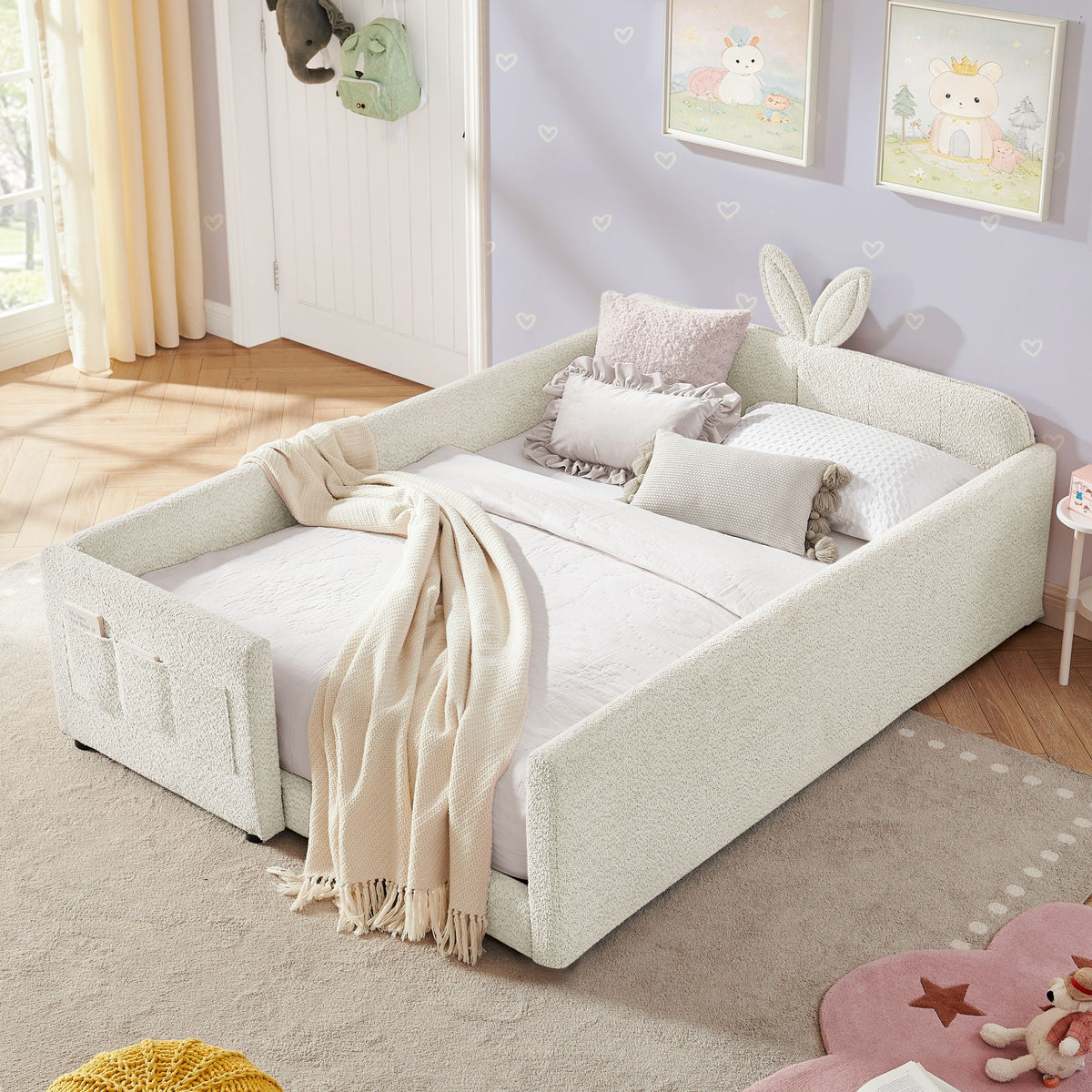 Cute Rabbit Ear Upholstered Platform Bed Frame with Safety Rail - Multiple Colors