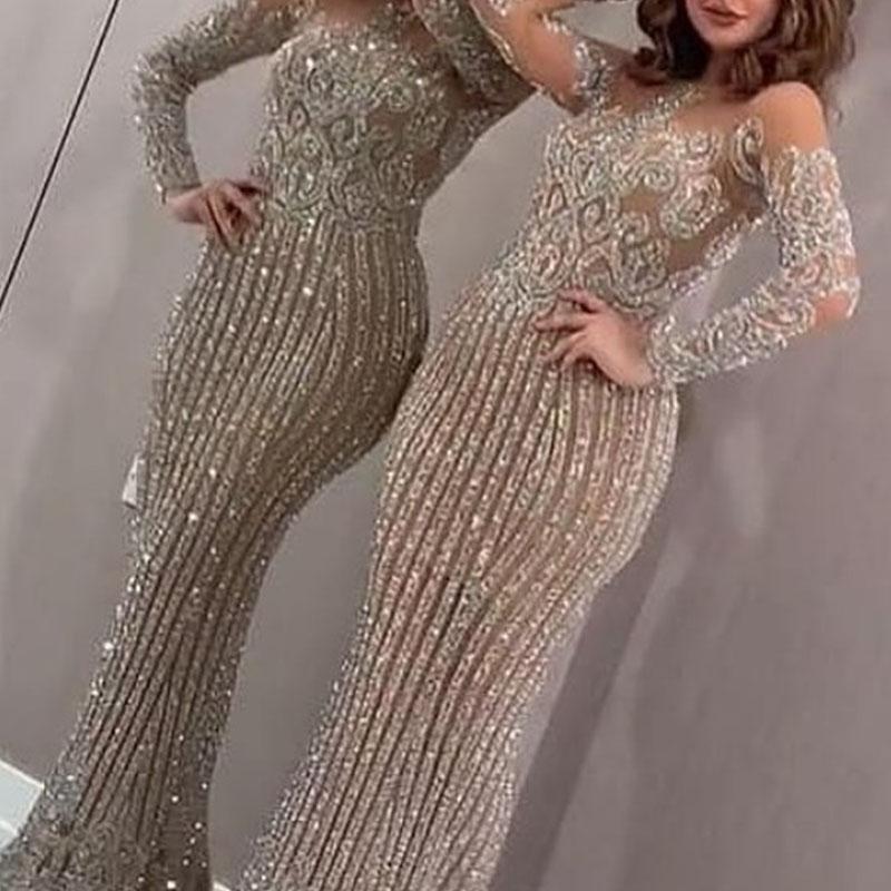 Long skirt mid waist temperament commuting gold sequins solid color chest wrap stretch gold slimming dress