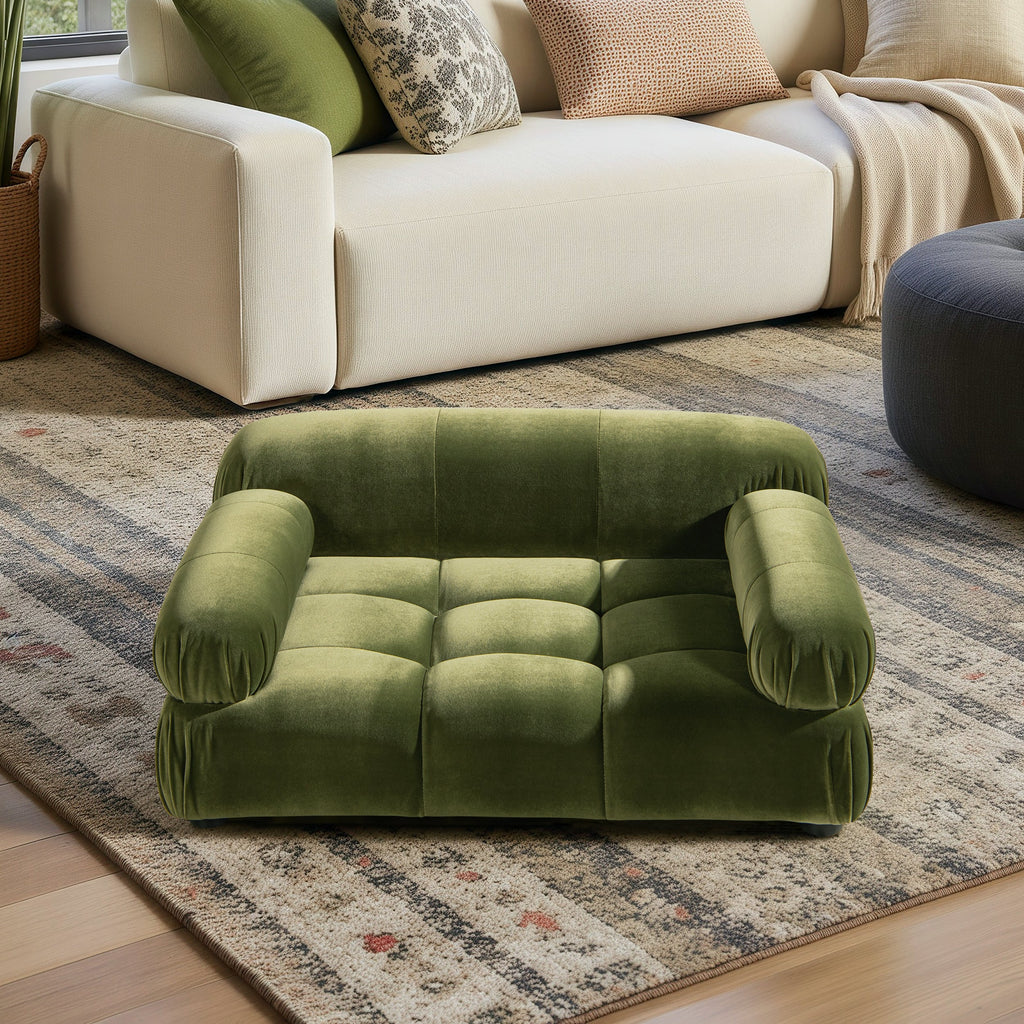 Olive Green Velvet Upholstered Pet Bed with Bolstered Arms - Small to Medium