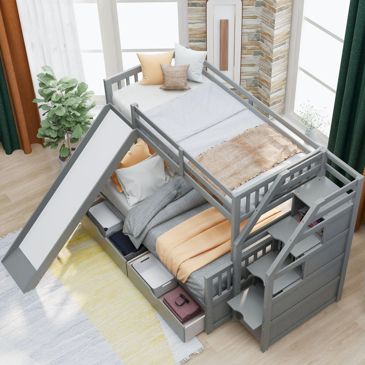 Bunk Bed with Storage Staircase, Slide & Desk - Twin or Full - Dark Gray or White