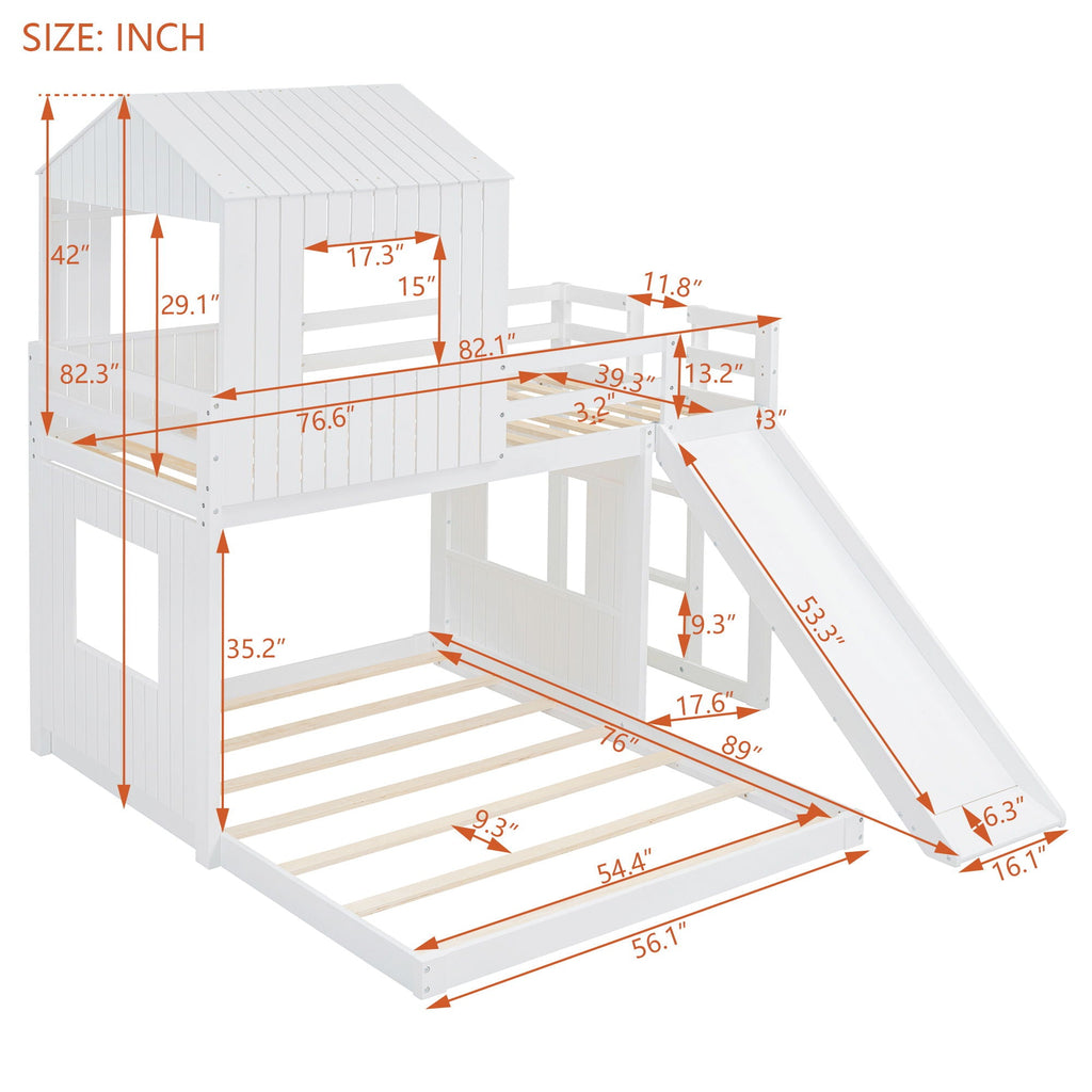 Loft Bunk Bed With Playhouse, Slide, and Guardrails - Twin Over Full