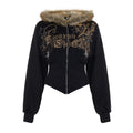 Printed rhinestone hooded fur jacket