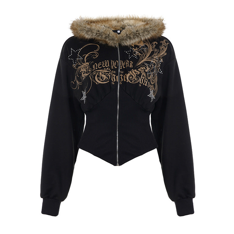 Printed rhinestone hooded fur jacket