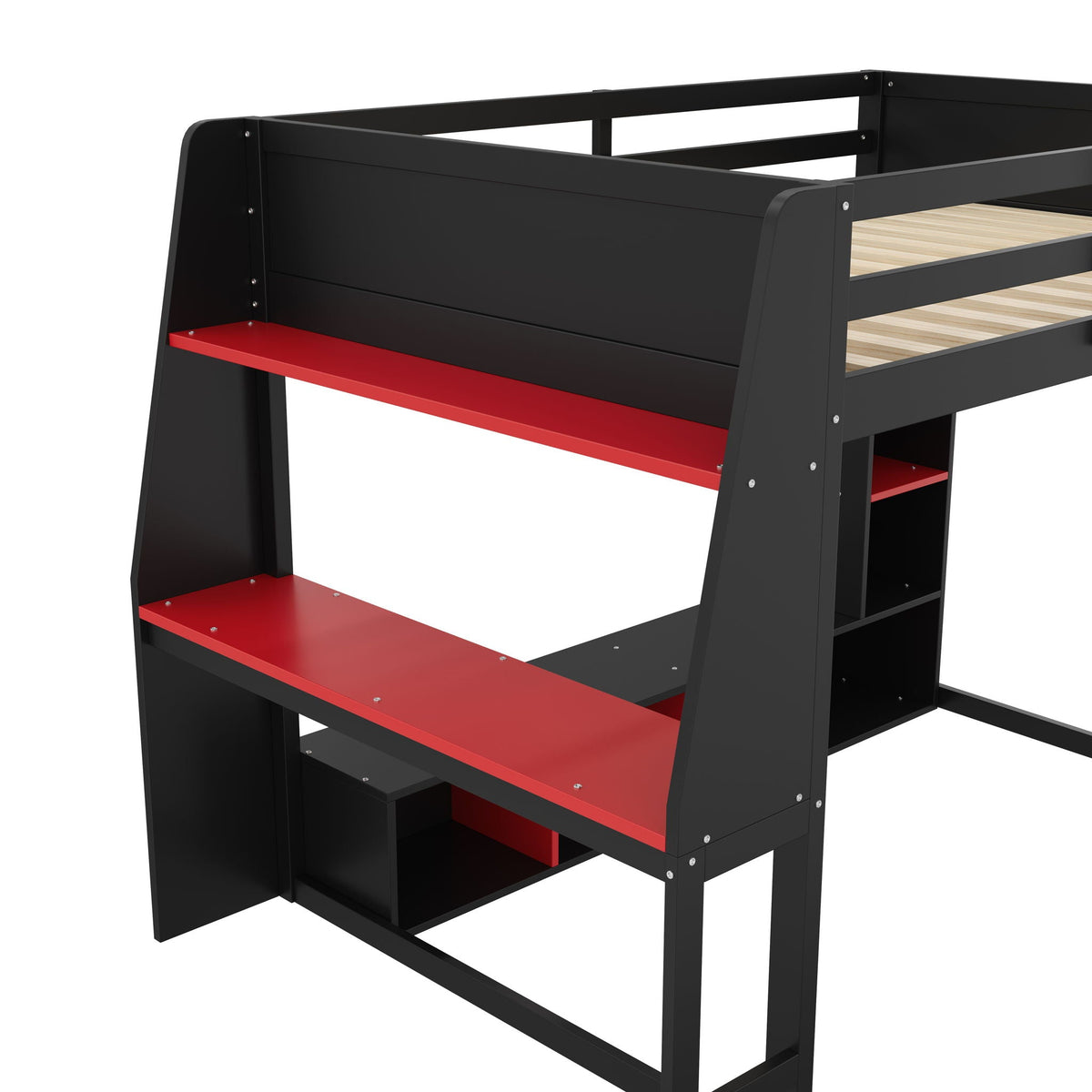 Gaming Loft Bed with Desk and Storage Shelves – LED Lighting – Black or Dark Gray