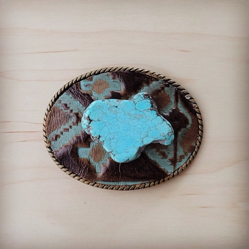 Rope Edge Navajo Leather Belt Buckle w/ Blue Turquoise 908h