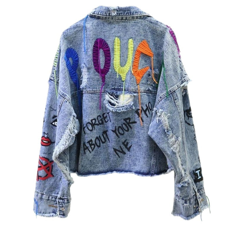 Trend Brand Graffiti Denim Short Jacket Female Personality Raw Edge Cut Heavy Rivet Top Color Tassel Clip