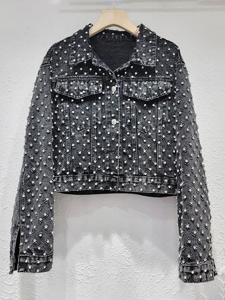 Women's Denim Coat Diamonds Black Washed Single Breasted Long Sleeve Distressed Jackets Autumn New Fashion