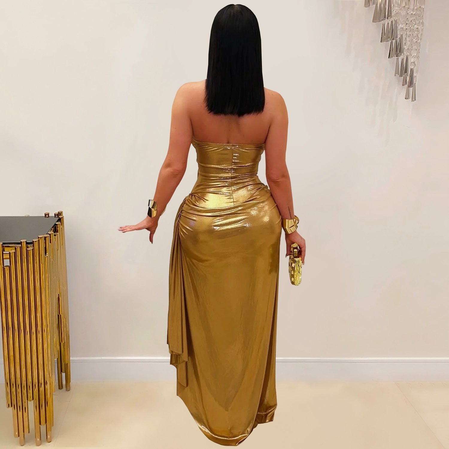 Fashionable Women's Sexy Halter Neck Gold Chain Pleated Sleeveless Dress