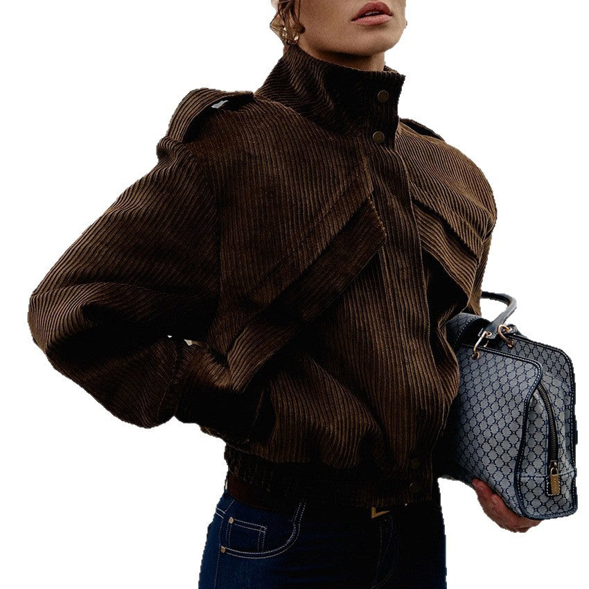 Motorcycle Style Brown Jacket Women's Design Sense Casual Leisure Corduroy Coat Cross-border Commuting