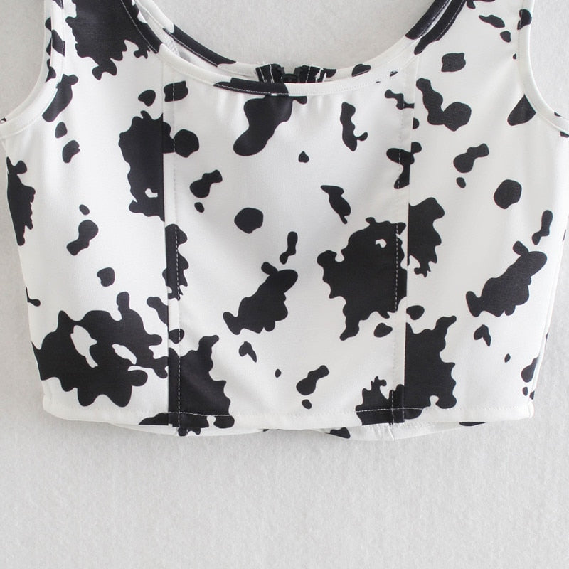 Cool Women O Neck Sling Vest 2021 Summer Fashion Ladies High Street Sexy Vest Female Cow Flower Point Cropped Vest Top