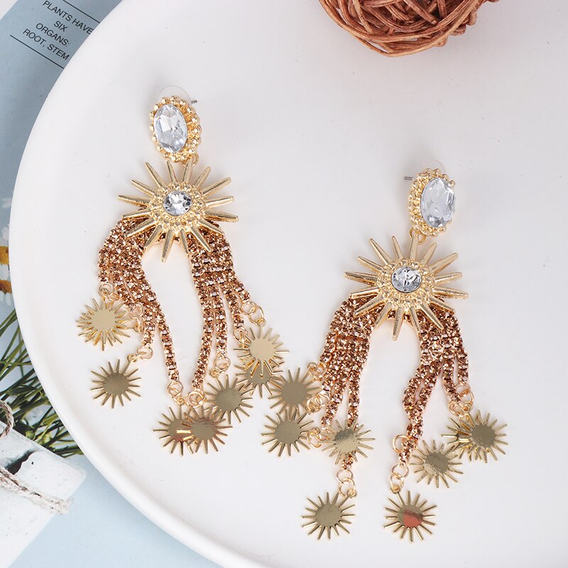 Vintage Ethnic Big Crystal Earring Long Drop Tassel Earrings For Women Wedding Statement Fashion Jewelry Female