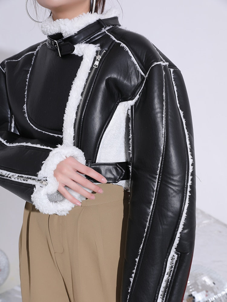 Belted Faux-Fur Moto Jacket