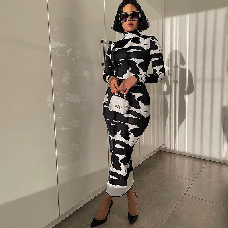 Printed Long-Sleeve Bodycon Maxi Dress