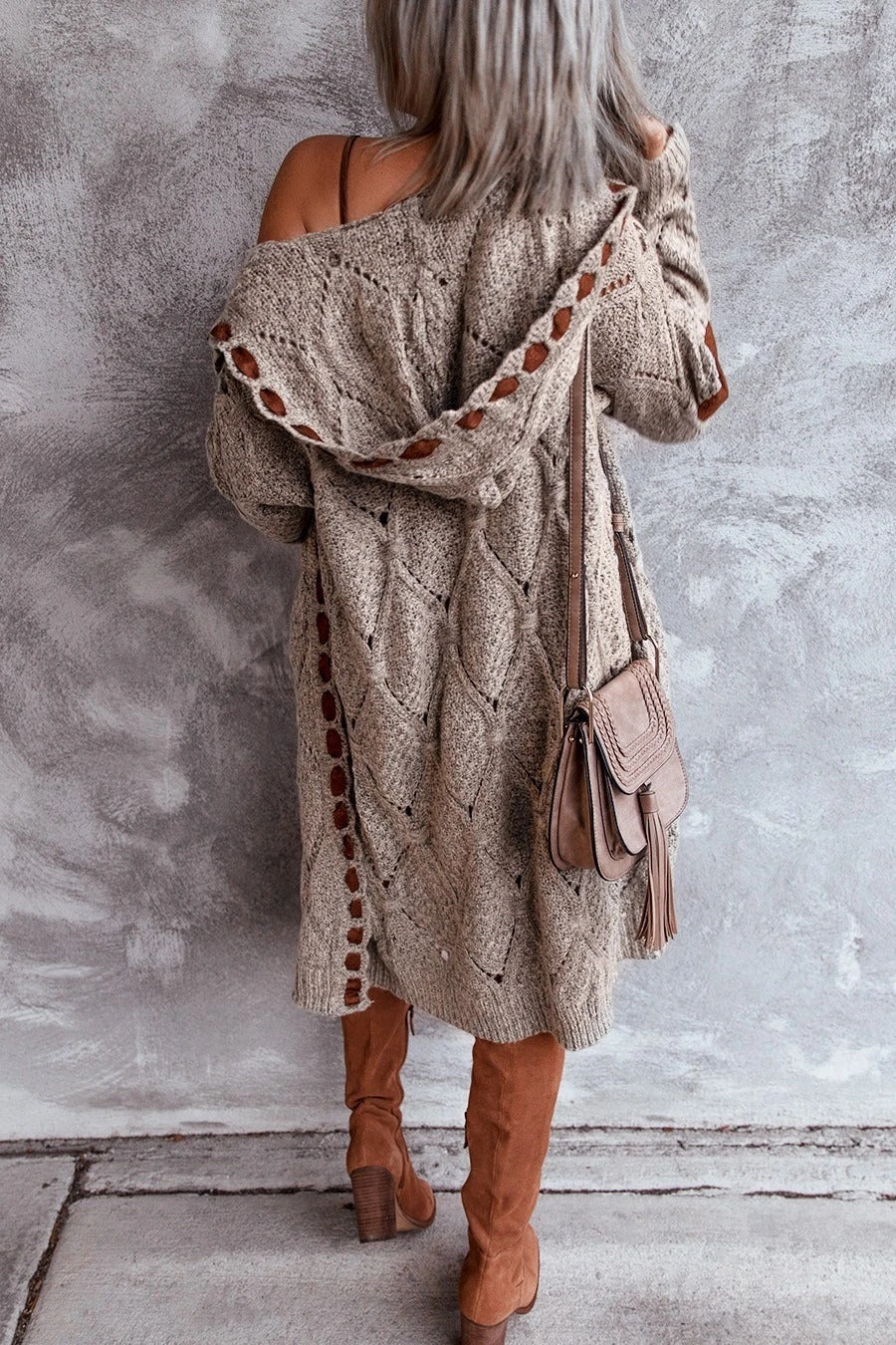 Hooded knitted long cardiagan