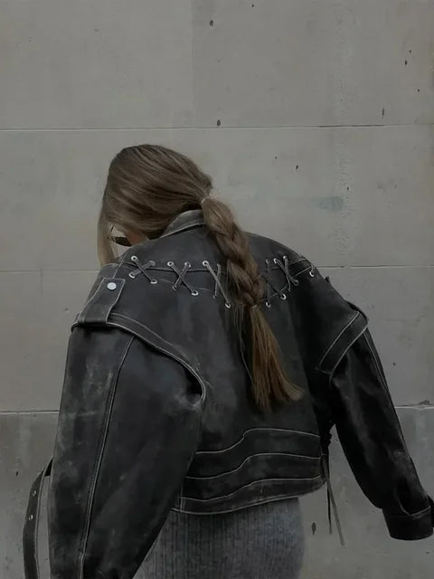 Leather Jacket for Women Vintage Long Sleeve Crop Leather Coat Lapel Collar Lacing design Pu Patchwork  Lady High Streetwear