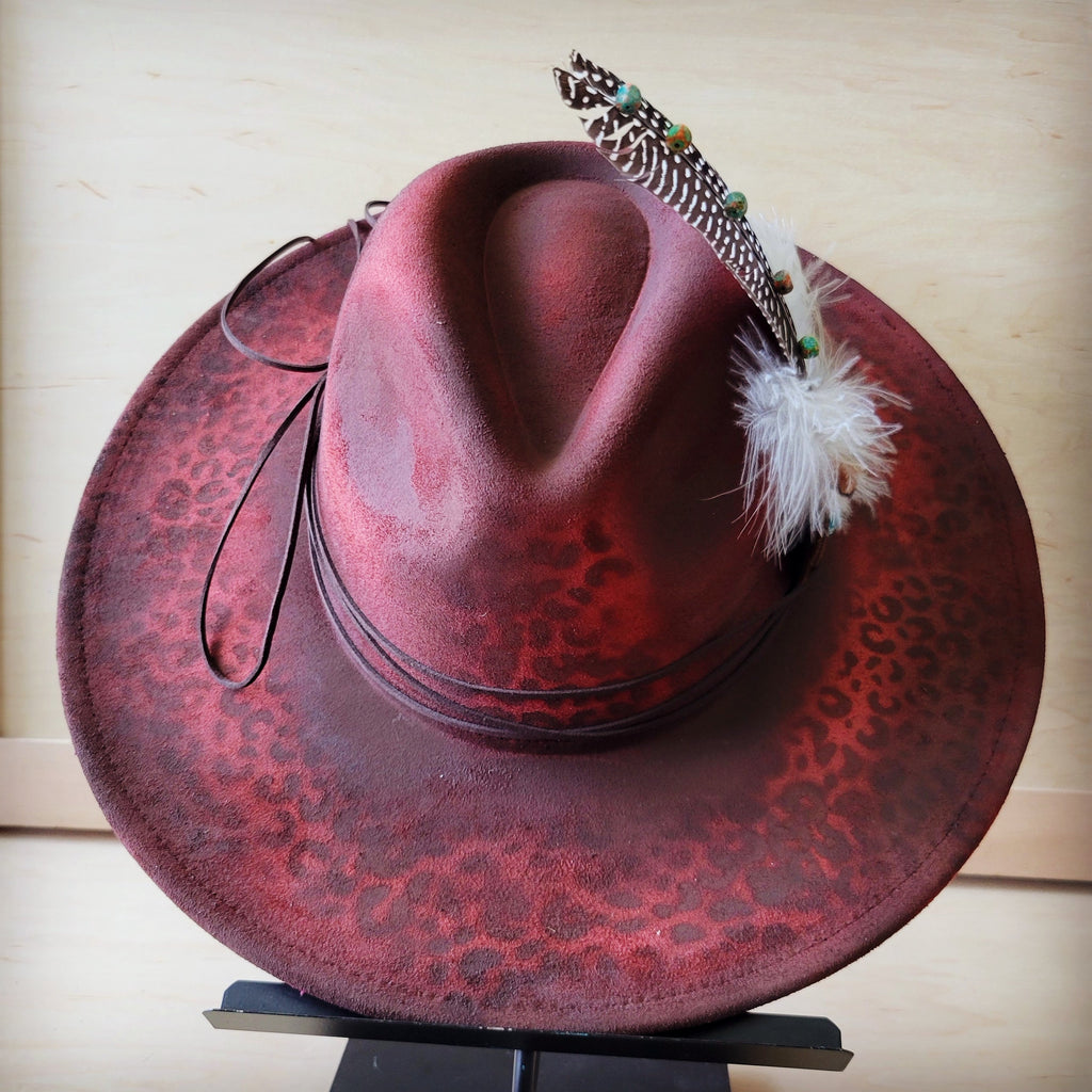 Hand-Painted Leopard Boho Western Cowgirl Hat & Band-Red 987k