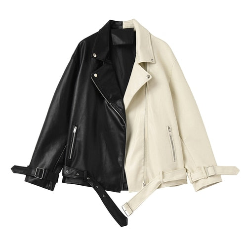 Black And White Stitching Contrast Color Motorcycle Leather Jacket Female Handsome Loose Short PU Leather Jacket Trendy