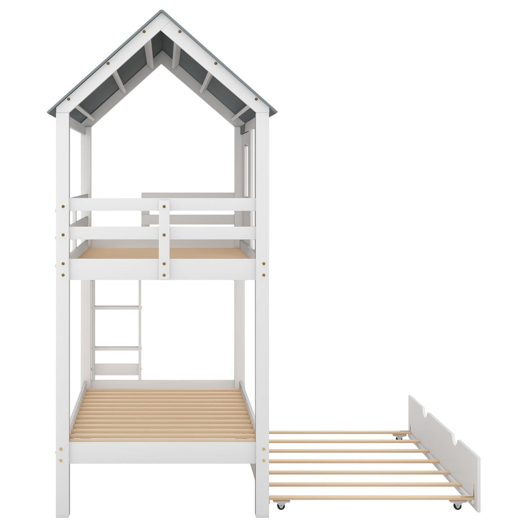 Twin Size House Bunk Bed with Trundle and Roof and Windows - White / Gray