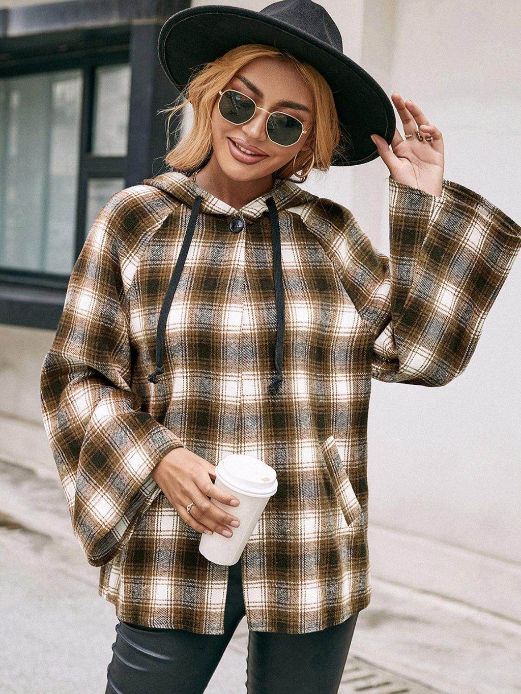 Ivy Lane Pocketed Plaid Long Sleeve Hooded Jacket for Women