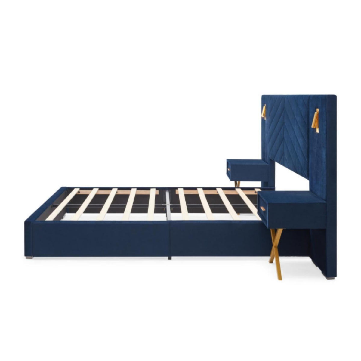 Upholstered Bed with Vertical Channel Tufted Wingback Headboard - Blue or Red