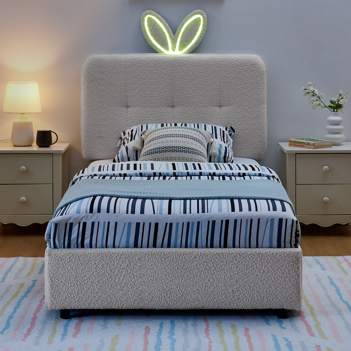 Upholstered Storage Bed with Oversized Rabbit Ear Headboard & LED Lights - Beige or Light Blue