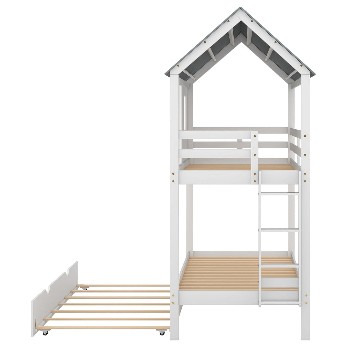 Twin Size House Bunk Bed with Trundle and Roof and Windows - White / Gray