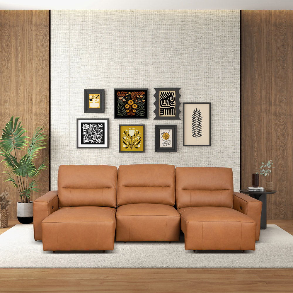 Triple Power Convertible Sofa Reclining Sectional with Queen Bed - Cognac