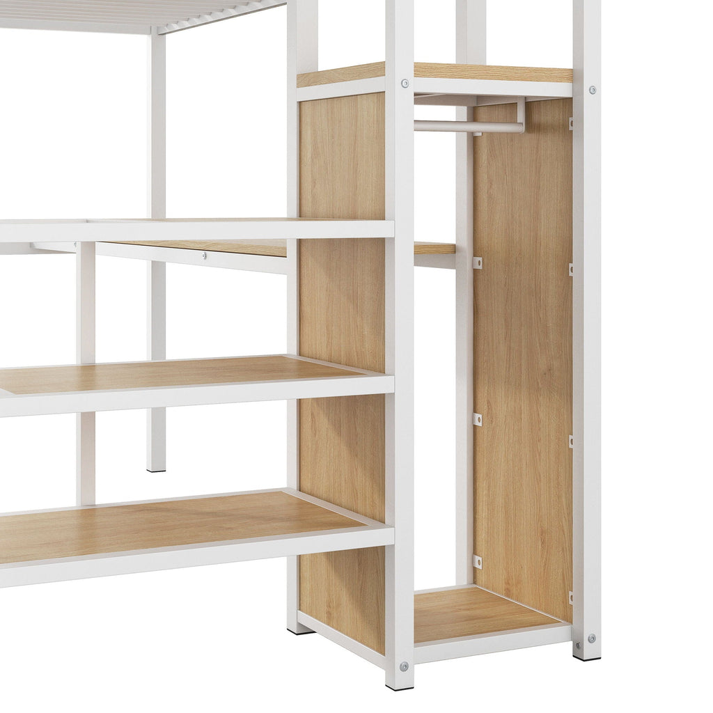Full Size Loft Bed with Desk, Storage Staircase & Wardrobe - Black or White