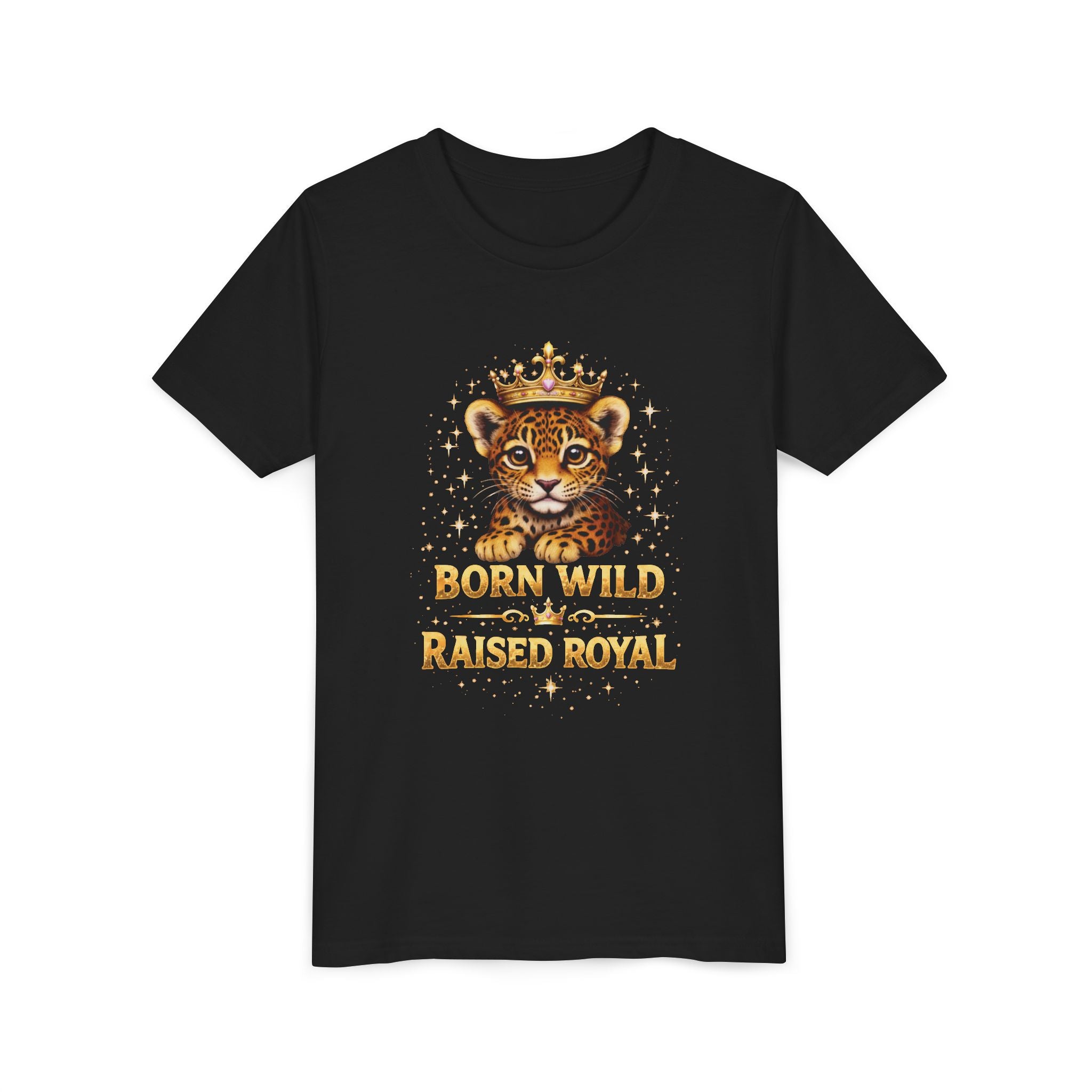 Youth Tee — "Born Wild Raised Royal" Crowned Jaguar Cub Kids T-Shirt
