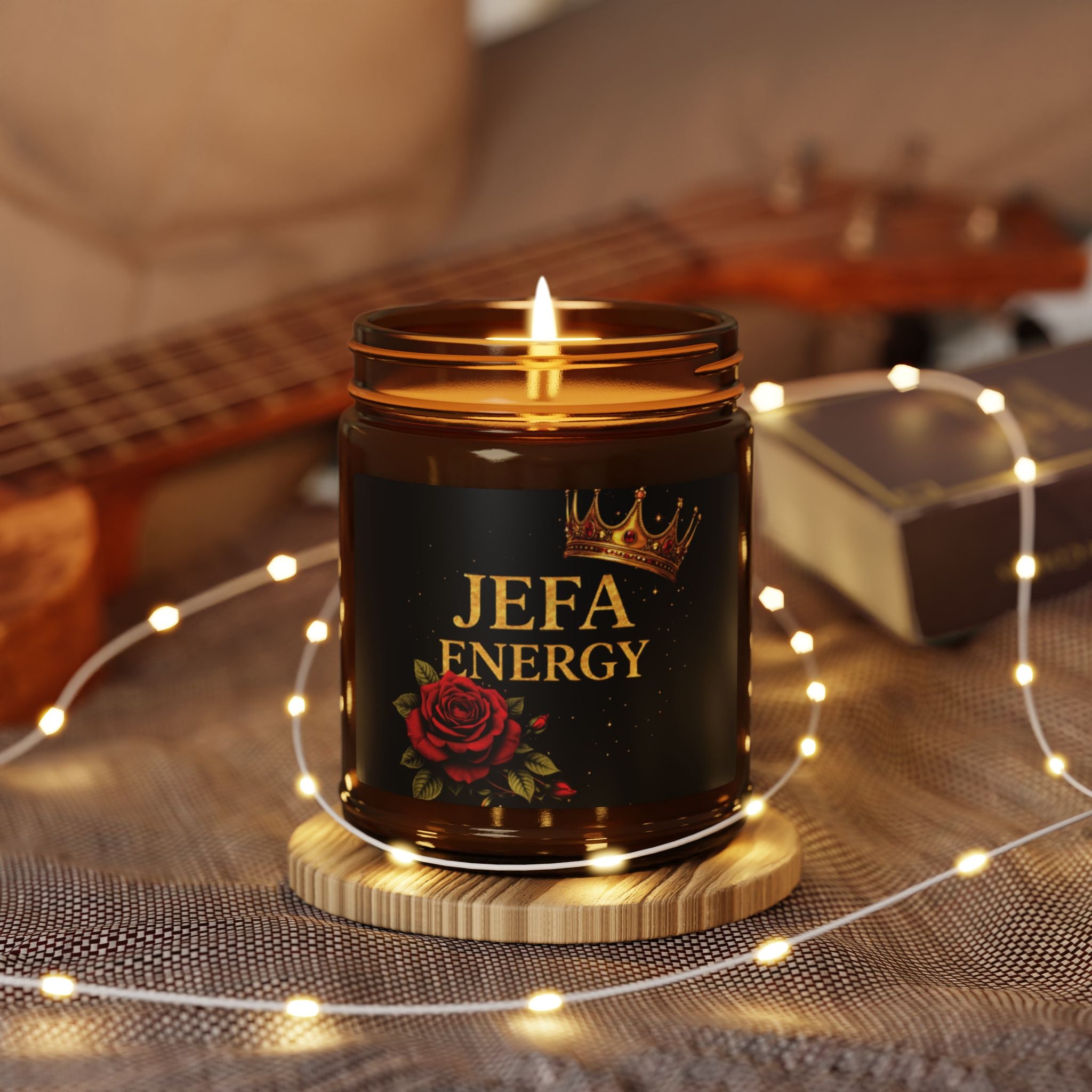 Jefa Energy Soy Candle — Amber Jar Scented Candle with Rose & Crown Design